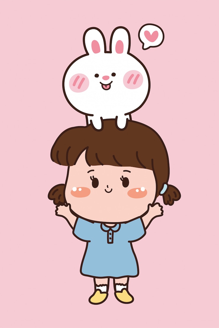 Coelho branco e menina. Design bonito de personagem de desenho animado