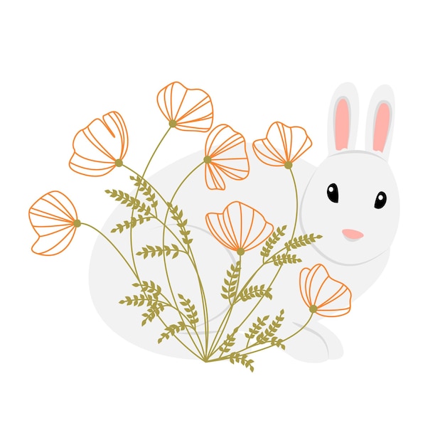 Vetor coelho cinza minimalista em flores silvestres papoula da califórnia desenhada no estilo de doodle