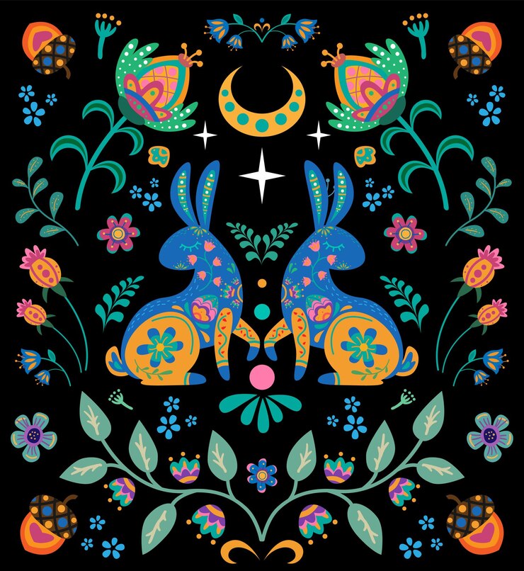Coelho com elementos de flores folclóricas. Coelho no estilo folk boho.