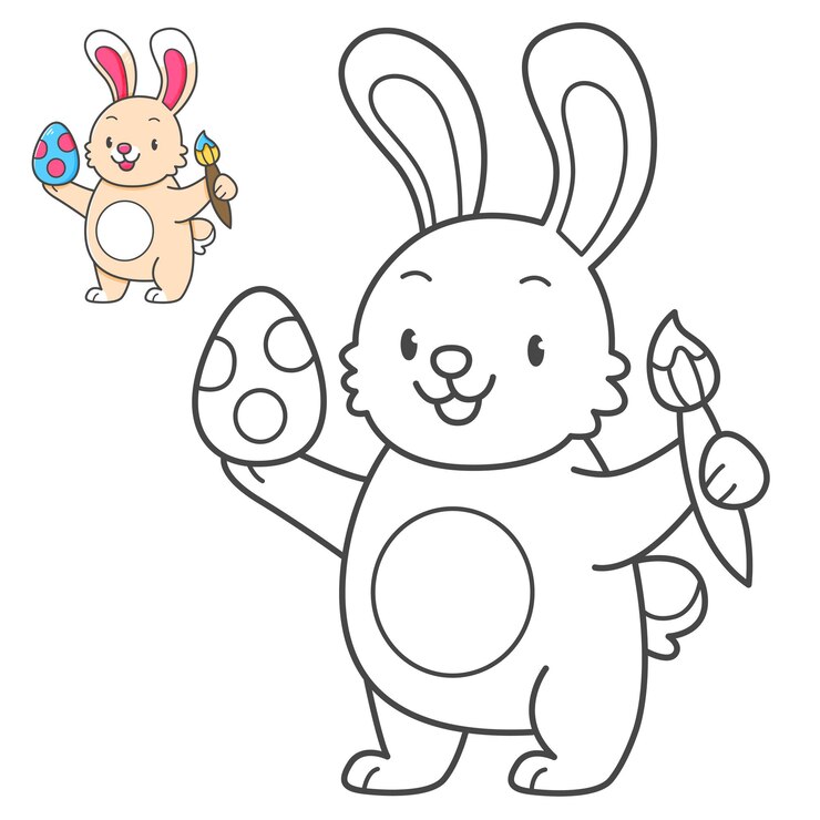 Vetor coelho com ovos de páscoa livro de colorir com exemplo de colorir para crianças página de colorido com coelho bonito