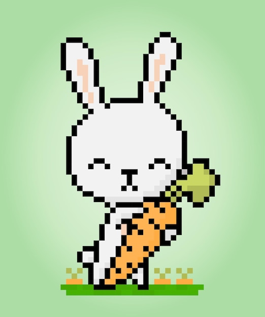 Vetor coelho de 8 bits de pixel segurando uma cenoura ativos do jogo animal em ilustração vetorial