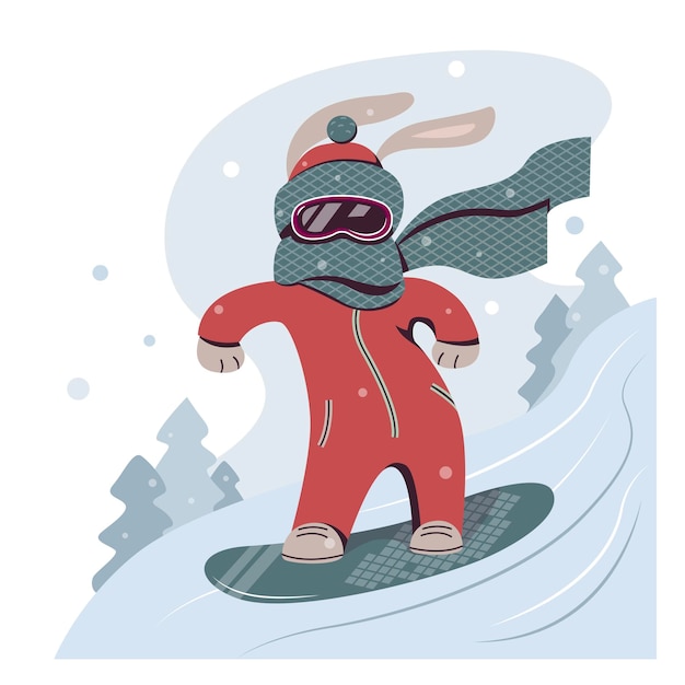 Coelho de desenho animado bonito anda na neve em um snowboard ilustração vetorial de inverno com personagem animal