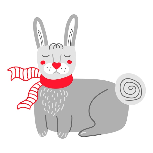 Coelho de desenho animado engraçado com lenço vermelho durante as férias de natal ilustração vetorial em fundo branco