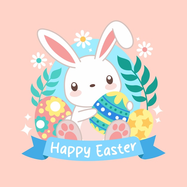 Coelho de Páscoa kawaii bonito com ilustração vetorial de ovo