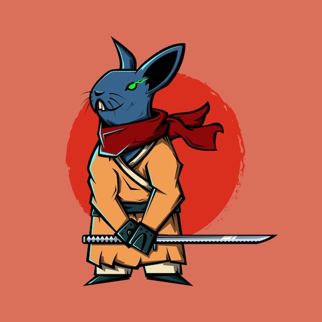 Coelho japonês com ilustração vetorial de espada katana