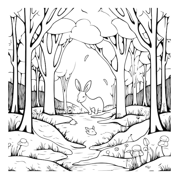 Vetor coelho na floresta ilustração vetorial em preto e branco para livro de colorir