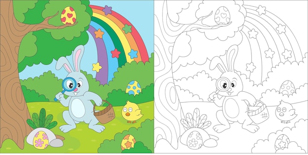 Vetor coelho para colorir à procura de ilustração de ovos de páscoa