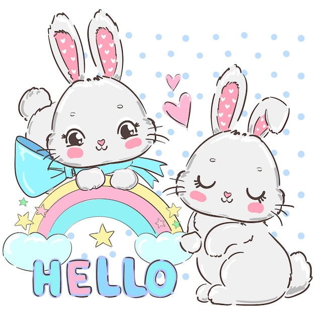 Vetor coelhos bonitos desenhados à mão e coelhos de design de impressão de ilustração vetorial de arco-íris