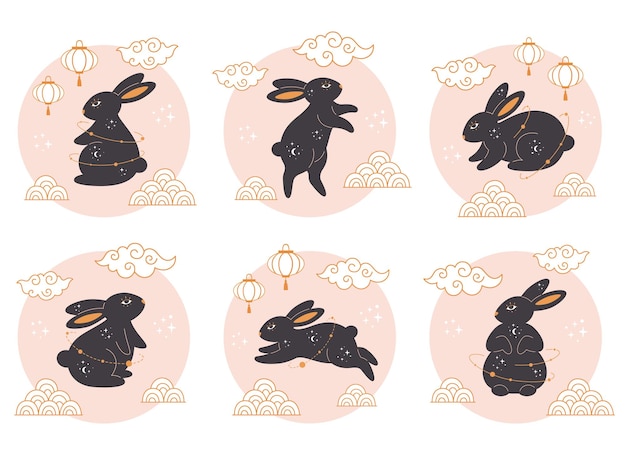 Coelhos pretos bonitos com símbolos do ano novo chinês. Ano do Coelho. Festival de Outono.