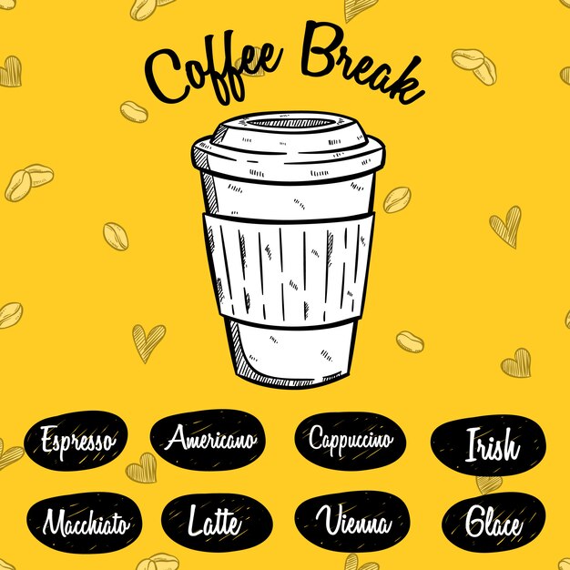 Coffee-break ou menu de café com estilo desenhado à mão em amarelo