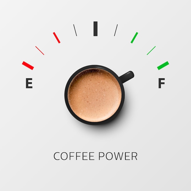 Vetor coffee power vector d caneca preta realista com café de espuma de leite e medidor de combustível vapuccino latte conce