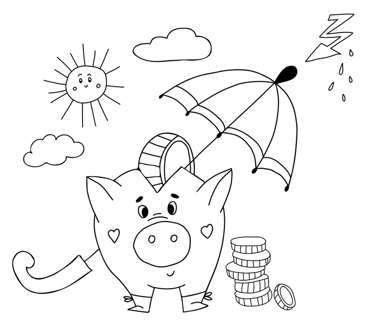 Vetor cofrinho de porco bonito com moedas sob um guarda-chuva vetor em estilo doodle de mão esboço linear esboço