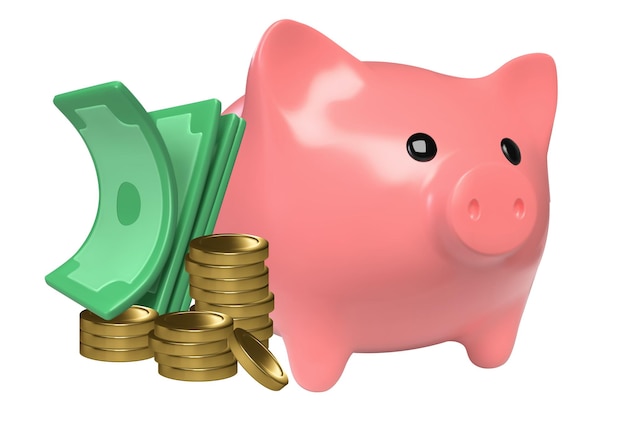 Cofrinho realista com moedas de ouro e notas de dólar verde Vetor 3d render