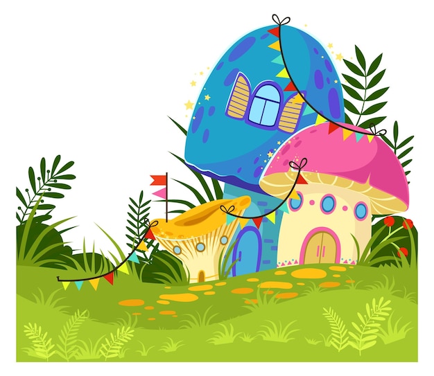 Vetor cogumelo fantasia com portas e janelas casas de fadas paisagem de jardim