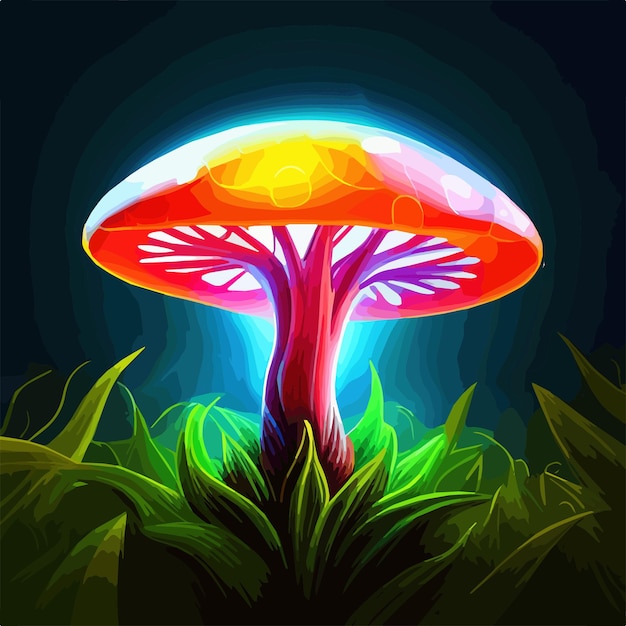 Cogumelo mágico na floresta de conto de fadas encantada de fantasia com muito brilho e iluminação vetor