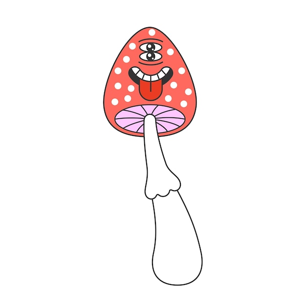 Cogumelo retrô groovy trippy com rosto maluco hippie psicodélico estranho fungo funky hippy fly agaric