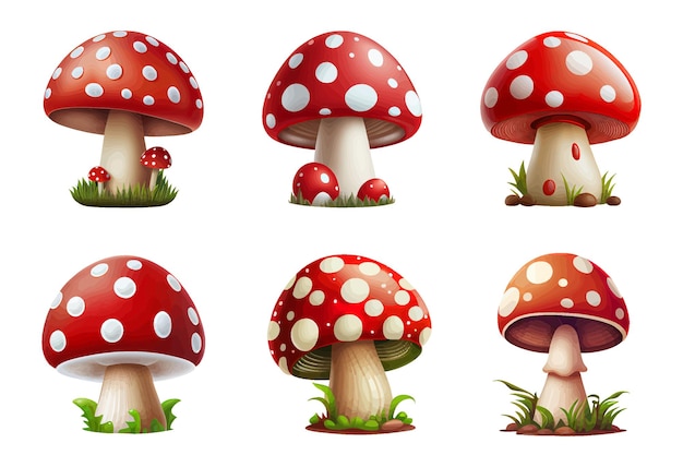 Cogumelos agáricos de desenho animado em cogumelos isolados de fundo branco com tampas vermelhas e pontos brancos