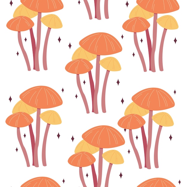 Cogumelos alucinógenos mágicos de padrão sem costura Elementos fofos de fantasia Cogumelos bonitos dos desenhos animados na grama Impressão de design moderno para papel de parede de pano decoração interior Estilo hippie Vector plana