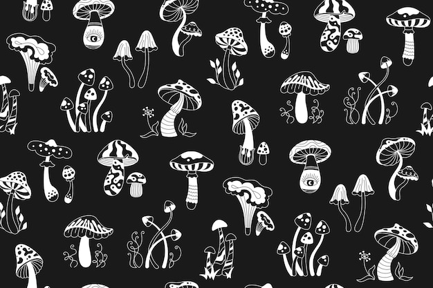 Cogumelos boho magia padrão sem costura psicodélico preto branco fundo interminável repetição ornamento
