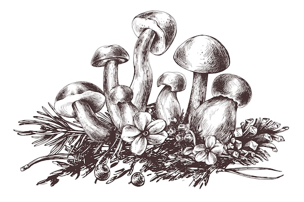 Cogumelos boleto florestal com grama mirtilos musgo e cone ilustração botânica gráfica desenhada à mão em tinta marrom para receitas embalagem colheita do festival de outono composição isolada