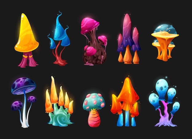 Cogumelos mágicos e de fada vetor ativo de jogo de fantasia UI ou design de GUI Floresta de conto de fadas de planeta alienígena ou fantásticas plantas de fungo isoladas cogumelos brilhantes de néon com tampas e caules brilhantes