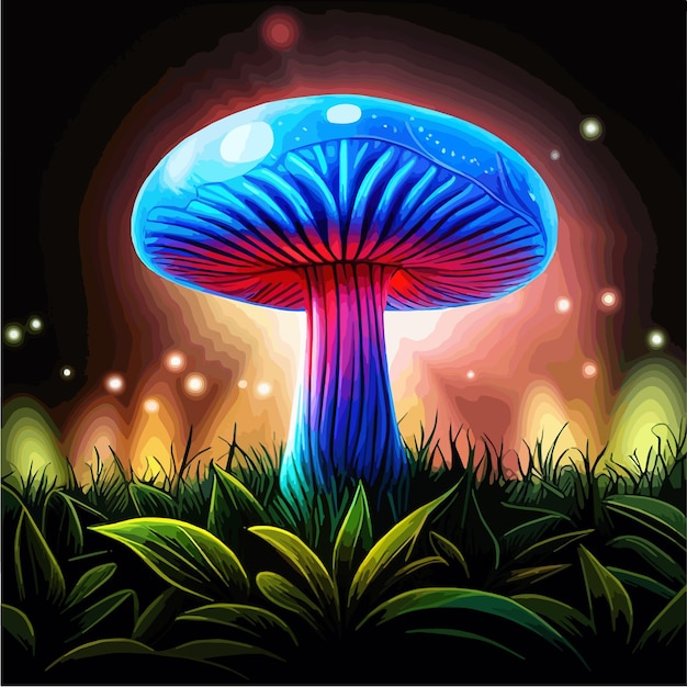 Cogumelos sentados no topo da exuberante floresta verde psicodélica artista de luz negra usou lâmpada de néon brilhante nuclear