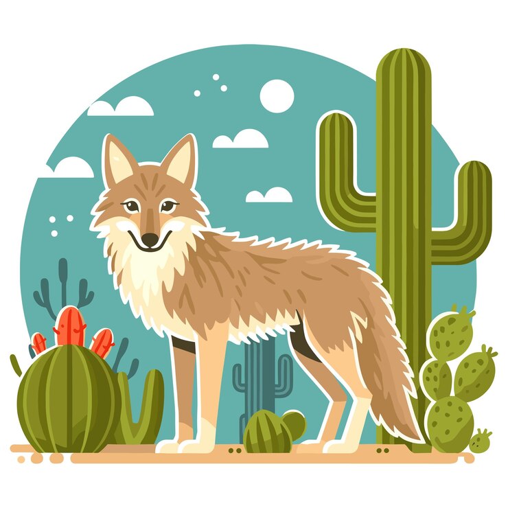 Vetor coiote sorridente em paisagem desértica ilustração vetorial cartazes educacionais ou arte da natureza