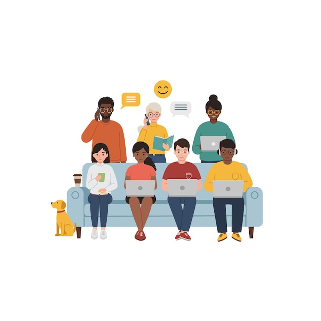 Colaboração de Equipa Diversa em Laptops e Smartphones