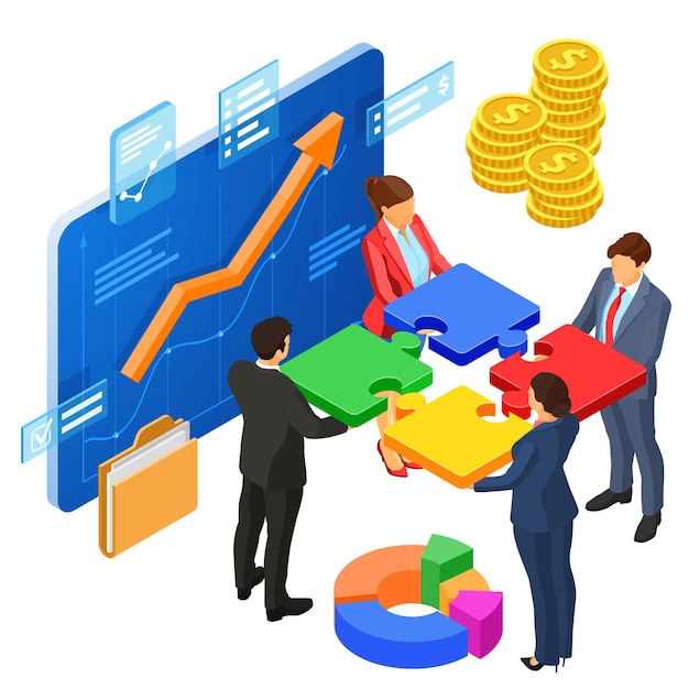 Colaboração de parceria de homem e mulher de negócios de trabalho em equipe quebra-cabeças infográficos tela virtual com gráfico de crescimento análise de negócios imagens de herói b2b vetor isolado isométrico