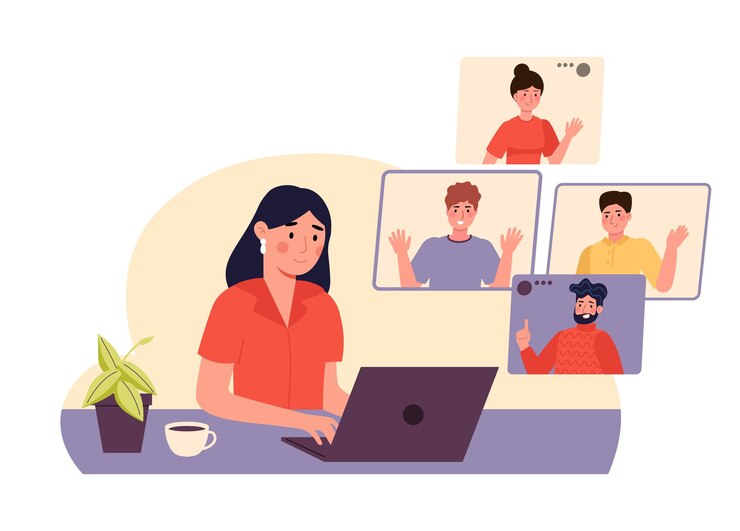 Vetor colaboração em videoconferência mulher sentada em casa com laptop e conversando com colegas on-line colegas de trabalho conversam reunião virtual em trabalho remoto monitor com vetor de pessoas diferentes