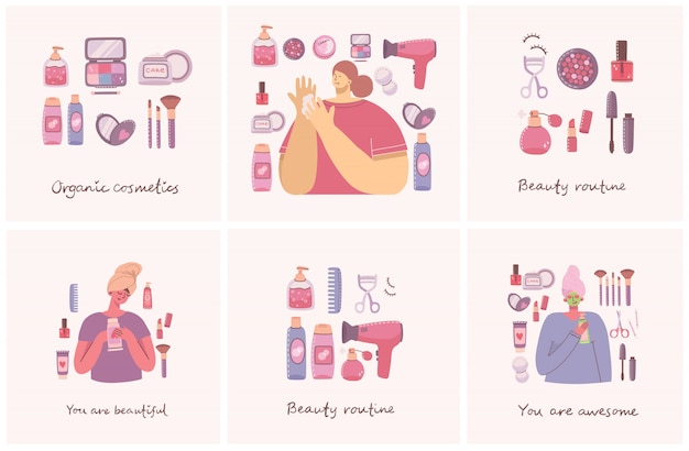 Colagem de ilustrações com cosméticos e produtos para o corpo para maquiagem perto das meninas. ilustração em estilo simples.