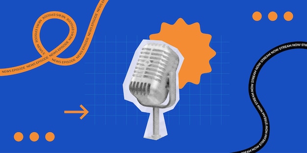 Colagem de meia-tona Stream podcast os últimos episódios de notícias agora vintage microfone pôster gráfico
