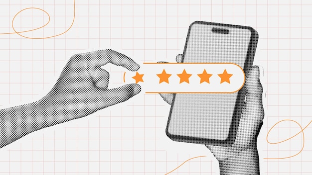 colagem de meio tom conceito de classificação criativa de 5 estrelas com um toque digital moderno avaliações on-line