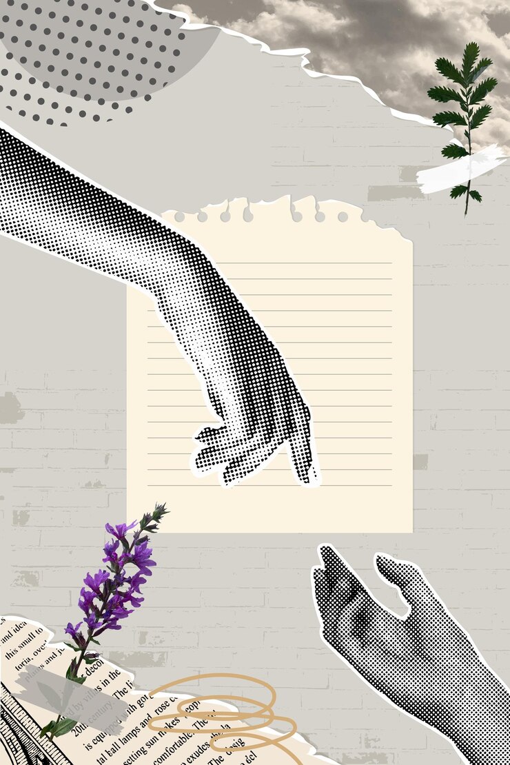 Vetor colagem de meio-tonos de moda colagem de bandeiras vetoriais de flores e mãos de papel rasgadas estilo retro de moda