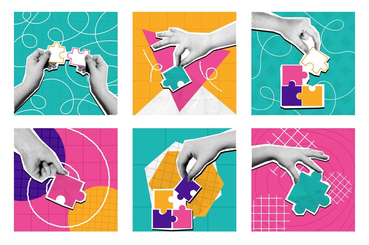 Vetor colagem de quebra-cabeça de meia tonalidade mãos de mídia mista segurando peças de quebra, solução de problemas e trabalho em equipe, conjunto de ilustrações vetoriais de conceito
