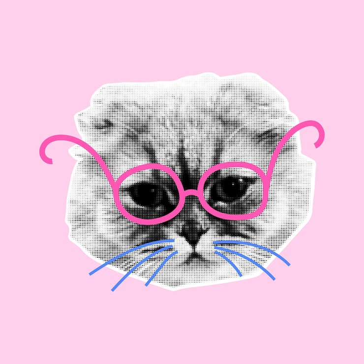 Vetor colagem retrô com cabeças de gato com efeito de meio tom gatinho engraçado com emoções elementos de rabiscos