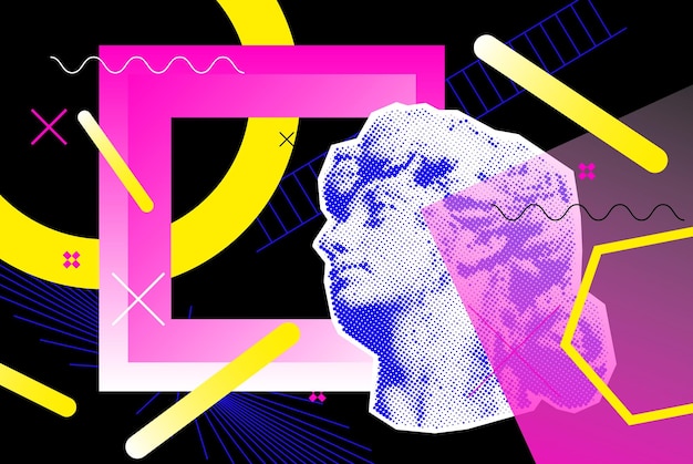 Colagem vetorial brilhante com escultura antiga da cabeça de uma mulher elementos gráficos universais Formas geométricas pontilhadas Objetos de meio-tom para seu projeto
