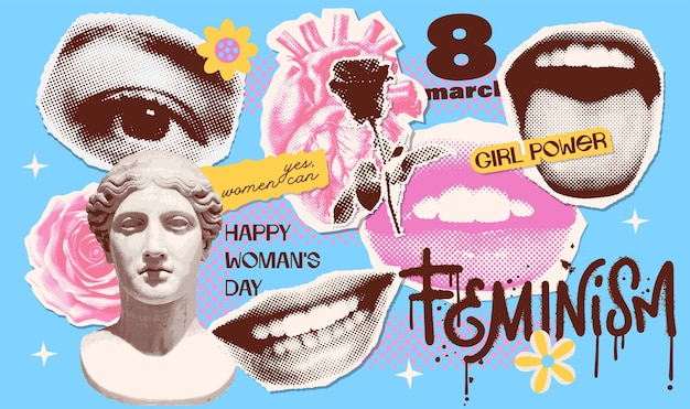 Colagens vintage da moda, adesivos rasgados em estilo grunge, lábios de meio-tom, olhos, coração, flor e