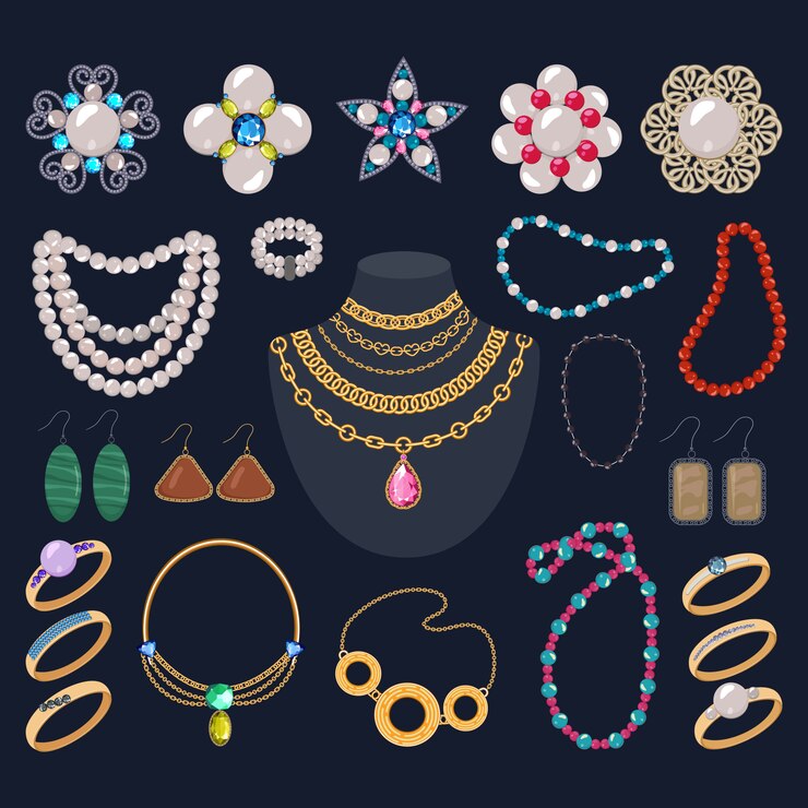 Colar de jóias jóias pulseira de ouro brincos bonitos e anéis de prata com diamantes definir ilustração de acessórios de pérolas joias da mulher isolado no fundo