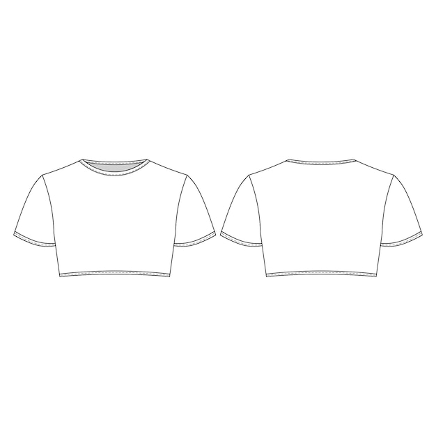 Colarinho de tripulação, colarinho redondo, mangas curtas, blusa cortada, camiseta superior, modelo de camiseta, desenho técnico.