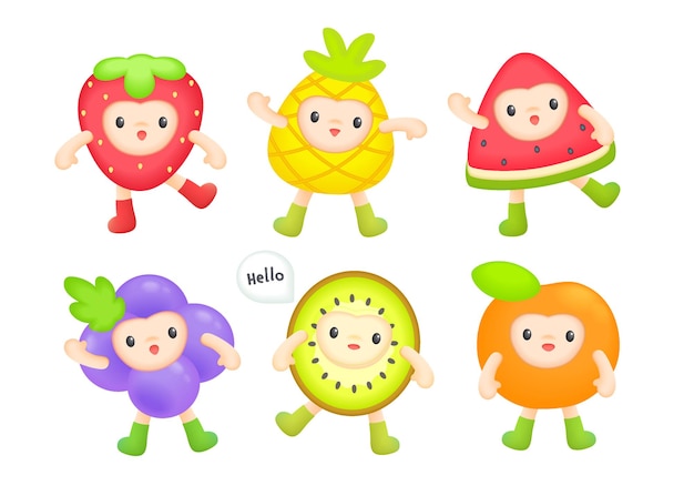 Vetor cole??o de personagens de frutas vetoriais kawaii