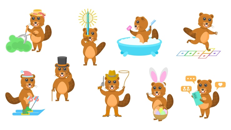 Vetor coleção abstrata grande conjunto de desenhos animados diferentes castores de animais vetor design elementos de estilo fauna