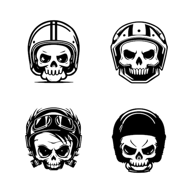 coleção apresenta adoráveis caveiras kawaii usando capacetes de motociclista perfeitos para um logotipo único e ousado