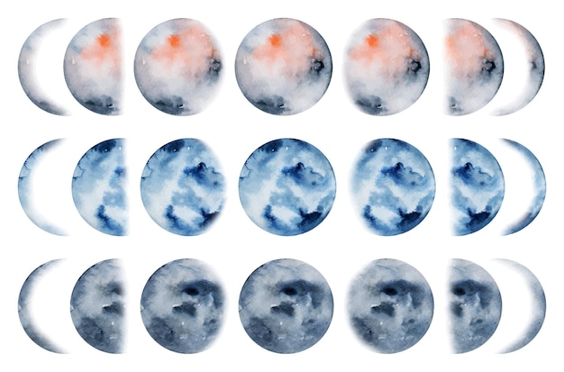 Coleção artística de fases da lua em aquarela