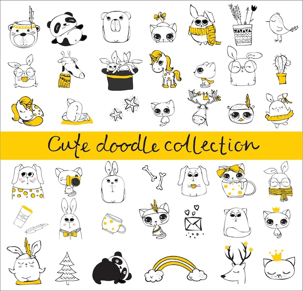 Coleção bonito do doodle. design simples de animais fofos, pássaros, flores e outros elementos de design perfeitos para cartões infantis, banners, adesivos e outras coisas infantis.