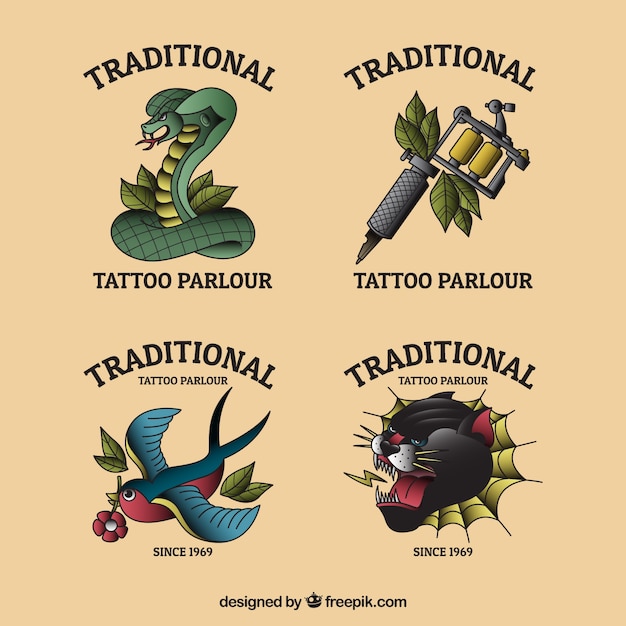 Coleção colorida de estúdio de tatuagem de design plano colorido