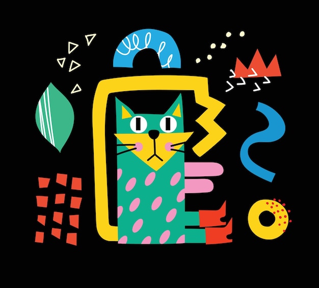 Coleção com gato bonito ilustrações abstratas decorativas com rabiscos coloridos formas geométricas