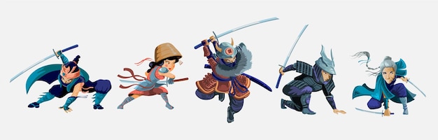 Coleção com personagens de guerreiros ninja, samurai, japonesa e velha.