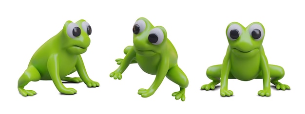 Coleção com sapo em diferentes posições Personagem de desenho animado sentado e pronto para saltar