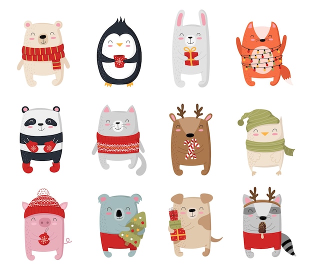 Coleção criativa de animais fofos para o ano novo Ilustração em vetor cartoon doodle isolado